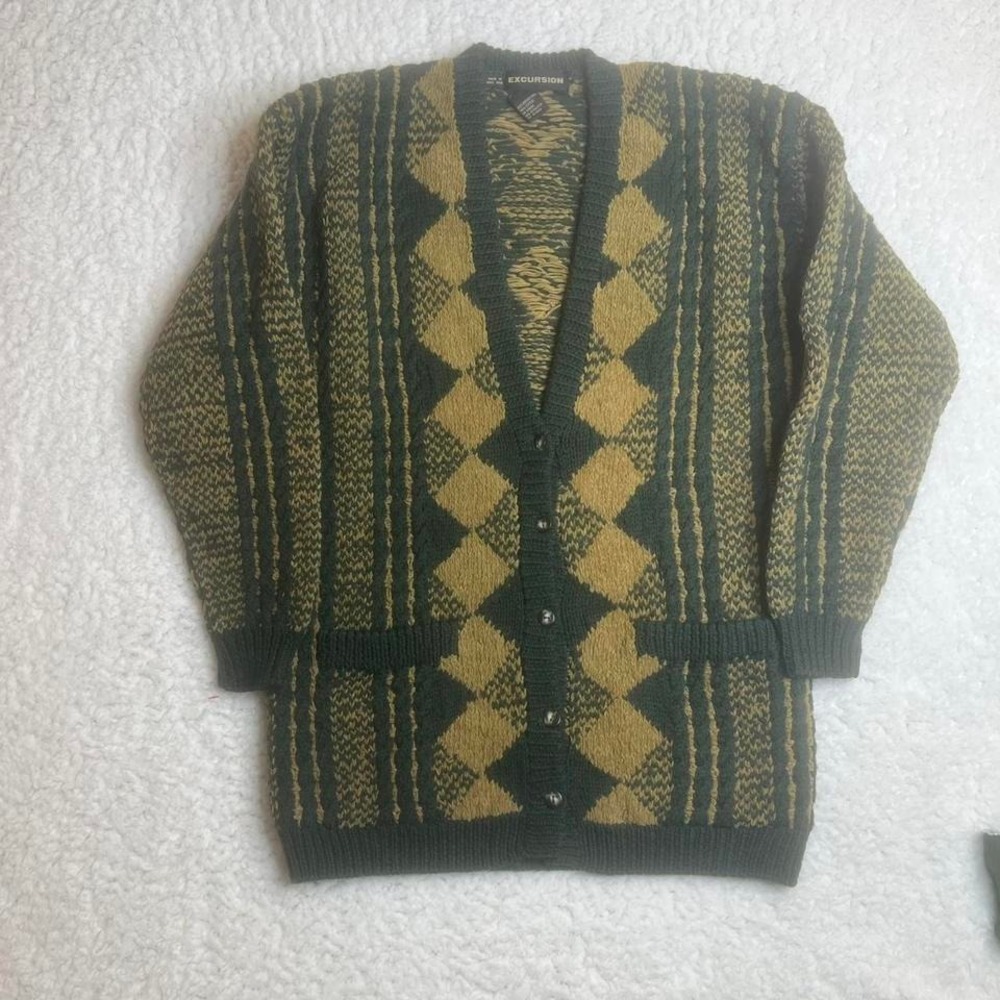 Vintage women's cable knit cardigan sweater‎ green heavy small